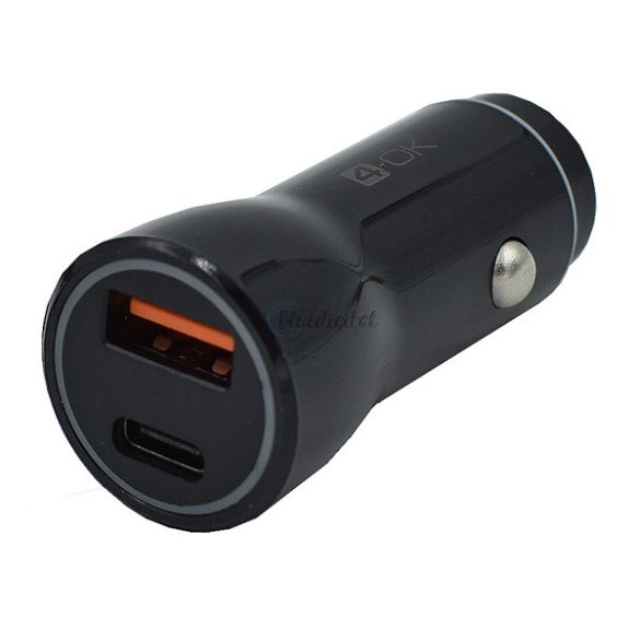 4-OK autós töltő USB+Type-C aljzat (20W, PD gyorstöltő) FEKETE