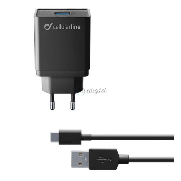 CELLULARLINE hálózati töltő USB aljzat (10W, PD gyorstöltő + Type-C kábel) FEKETE