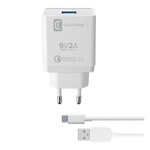 CELLULARLINE hálózati töltő USB aljzat (18W, PD gyorstöltő + Type-C kábel) FEHÉR