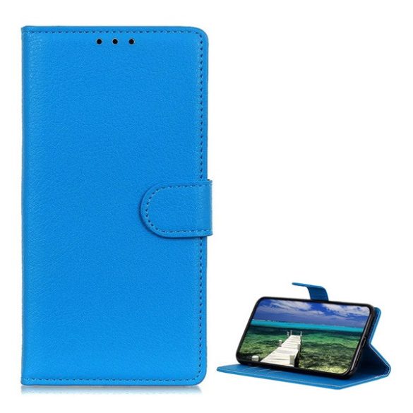 Tok álló, bőr hatású (FLIP, oldalra nyíló, asztali tartó funkció, prémium) VILÁGOSKÉK Xiaomi Redmi Note 10 Pro 4G