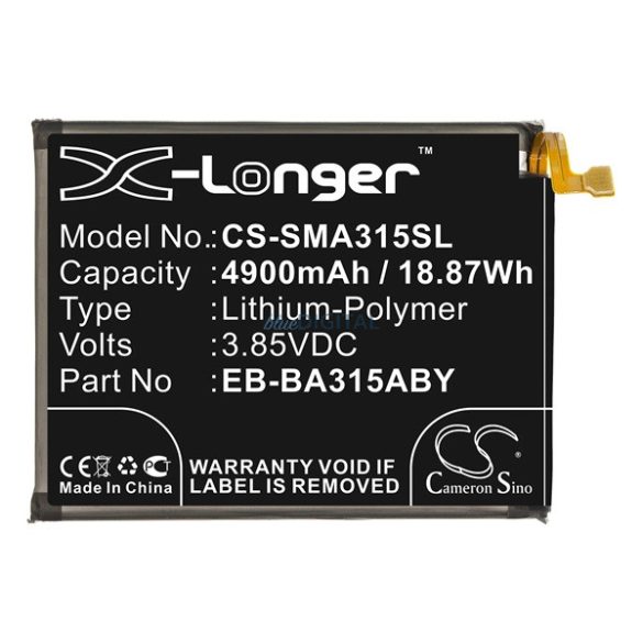 CAMERON SINO Li-Polymer akku (3.85V/4900mAh, Samsung EB-BA315ABY kompatibilis) FEKETE Samsung Galaxy A32 4G (SM-A325), Galaxy A31 (SM-A315F)