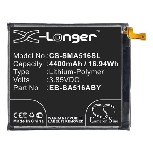 CAMERON SINO Li-Polymer akku (3.85V/4400mAh, Samsung EB-BA516ABY kompatibilis) FEKETE Samsung Galaxy A51 5G (SM-A516F), Samsung Galaxy A51 (SM-A515F)