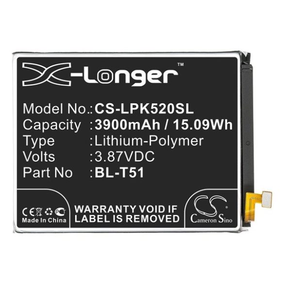 CAMERON SINO Li-Polymer akku (3.87V/3900mAh, LG BL-T51 kompatibilis) FEKETE LG K52 (LMK520), LG K42 (LM-K420HM), LG K62 (LMK525)