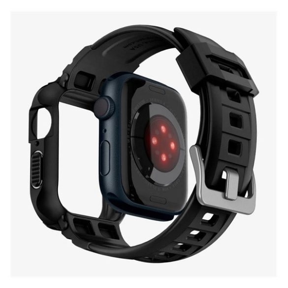 SPIGEN RUGGED ARMOR PRO pótszíj (egyedi méret, szilikon, ütésállóság + szilikon keret) FEKETE Apple Watch Series 4 44mm, Apple Watch Series 5 44mm, Apple Watch Series 6 44mm, Apple Watch Series SE 44mm