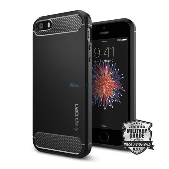 SPIGEN RUGGED ARMOR szilikon telefonvédő (ütésállóság, légpárnás sarok, karbon minta) FEKETE Apple iPhone SE (2016), iPhone 5S, iPhone 5 