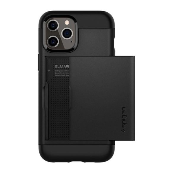 SPIGEN SLIM ARMOR CS szilikon telefonvédő (ütésálló, műanyag hátlap, kártyatartó, légpárnás sarok) FEKETE Apple iPhone 12 Pro, Apple iPhone 12