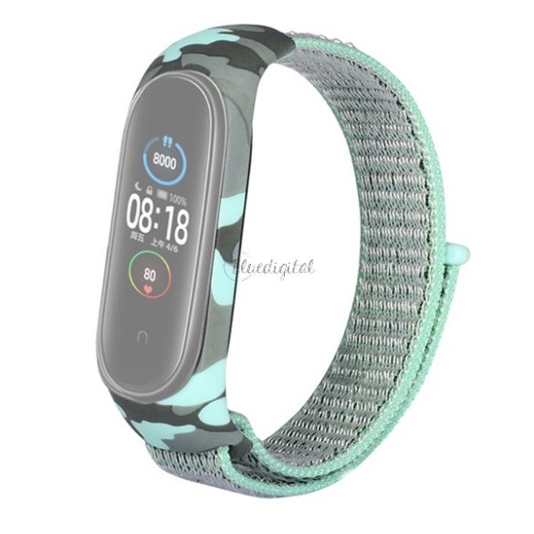 Pótszíj (egyedi méret, textil, tépőzáras, állítható, szilikon keret, terep minta) CYAN Xiaomi Mi Band 5, Xiaomi Mi Band 6