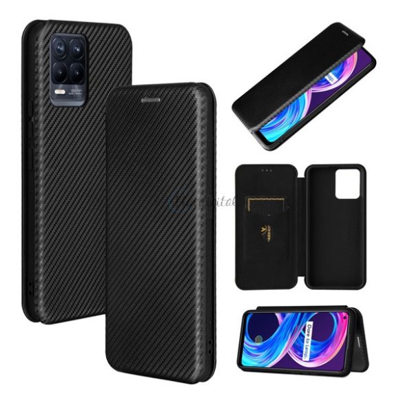 Tok álló, bőr hatású (FLIP, oldalra nyíló, asztali tartó funkció, karbon minta) FEKETE Realme 8, Realme 8 Pro