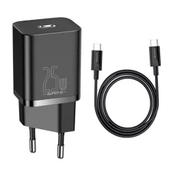   BASEUS hálózati töltő Type-C aljzat (25W, PD gyorstöltő + Type-C kábel) FEKETE