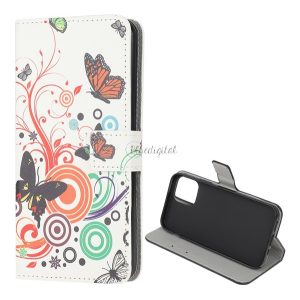 Tok álló, bőr hatású (FLIP, oldalra nyíló, asztali tartó funkció, színes pillangó) FEHÉR Samsung Galaxy A22 5G (SM-A226)