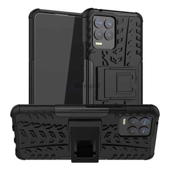 Defender műanyag telefonvédő (közepesen ütésálló, szilikon belső, kitámasztó, autógumi minta) FEKETE Realme 8, Realme 8 Pro