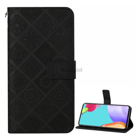 Tok álló, bőr hatású (FLIP, oldalra nyíló, asztali tartó funkció, dombornyomott virágminta) FEKETE Samsung Galaxy A52 5G (SM-A526F), Samsung Galaxy A52s 5G (SM-A528), Samsung Galaxy A52 4G (