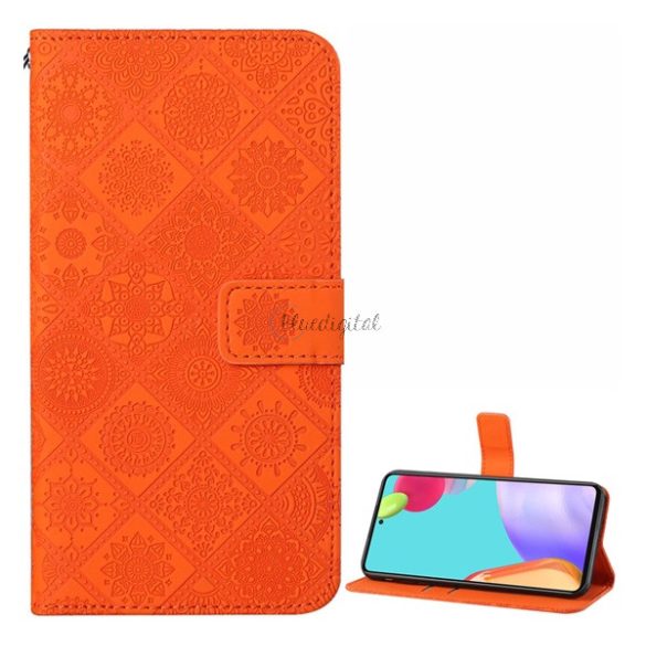 Tok álló, bőr hatású (FLIP, oldalra nyíló, asztali tartó funkció, dombornyomott virágminta) NARANCS Samsung Galaxy A52 4G (SM-A525F), Samsung Galaxy A52 5G (SM-A526F), Samsung Galaxy A52s 5G