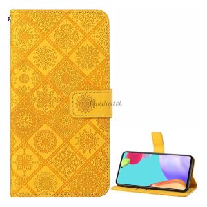 Tok álló, bőr hatású (FLIP, oldalra nyíló, asztali tartó funkció, dombornyomott virágminta) SÁRGA Samsung Galaxy A52 4G (SM-A525F), Samsung Galaxy A52 5G (SM-A526F), Samsung Galaxy A52s 5G 