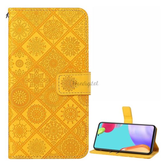 Tok álló, bőr hatású (FLIP, oldalra nyíló, asztali tartó funkció, dombornyomott virágminta) SÁRGA Samsung Galaxy A52 4G (SM-A525F), Samsung Galaxy A52 5G (SM-A526F), Samsung Galaxy A52s 5G 