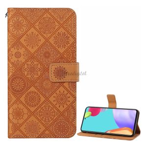 Tok álló, bőr hatású (FLIP, oldalra nyíló, asztali tartó funkció, dombornyomott virágminta) BARNA Samsung Galaxy A52 4G (SM-A525F), Samsung Galaxy A52 5G (SM-A526F), Samsung Galaxy A52s 5G (