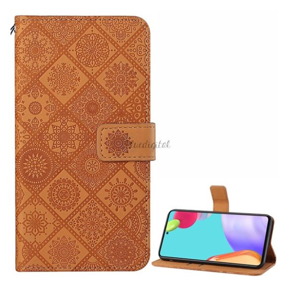 Tok álló, bőr hatású (FLIP, oldalra nyíló, asztali tartó funkció, dombornyomott virágminta) BARNA Samsung Galaxy A52 4G (SM-A525F), Samsung Galaxy A52 5G (SM-A526F), Samsung Galaxy A52s 5G (
