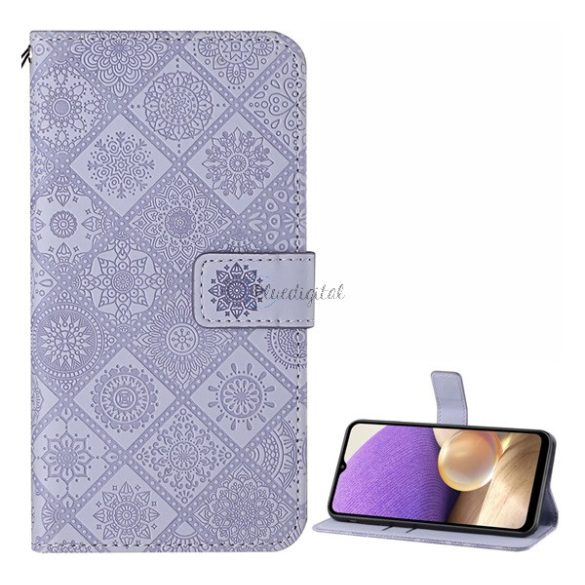 Tok álló, bőr hatású (FLIP, oldalra nyíló, asztali tartó funkció, dombornyomott virágminta) LILA Samsung Galaxy A32 5G (SM-A326)