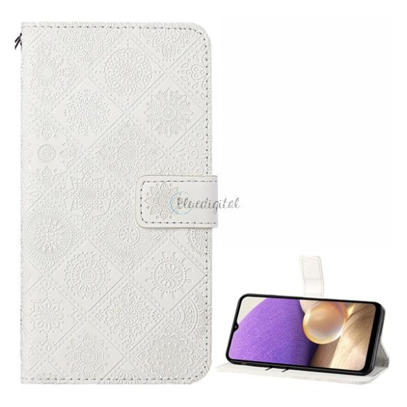 Tok álló, bőr hatású (FLIP, oldalra nyíló, asztali tartó funkció, dombornyomott virágminta) FEHÉR Samsung Galaxy A32 5G (SM-A326)