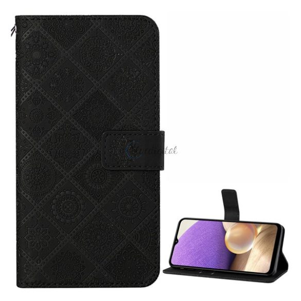 Tok álló, bőr hatású (FLIP, oldalra nyíló, asztali tartó funkció, dombornyomott virágminta) FEKETE Samsung Galaxy A32 5G (SM-A326)