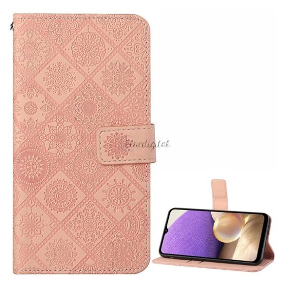 Tok álló, bőr hatású (FLIP, oldalra nyíló, asztali tartó funkció, dombornyomott virágminta) RÓZSASZÍN Samsung Galaxy A32 5G (SM-A326)