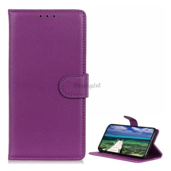 Tok álló, bőr hatású (FLIP, oldalra nyíló, asztali tartó funkció, prémium) LILA Samsung Galaxy S21 FE (SM-G990)
