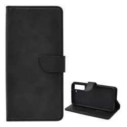   Tok álló, bőr hatású (FLIP, oldalra nyíló, asztali tartó funkció, prémium) FEKETE Samsung Galaxy S21 FE (SM-G990)