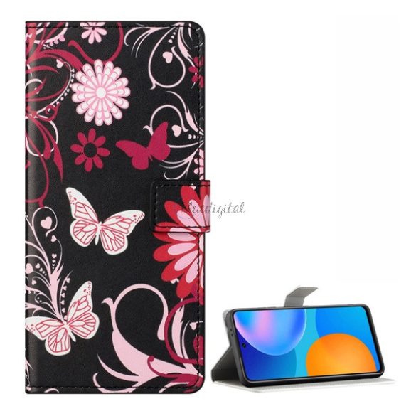Tok álló, bőr hatású (FLIP, oldalra nyíló, asztali tartó funkció, pillangó, virág minta) FEKETE Samsung Galaxy S21 FE (SM-G990)