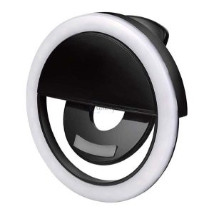 4-OK szelfi lámpa (kör alakú, LED fény, 85mm átmérőjű, 3W, telefonra helyezhető, csipeszes rögzítésű) FEKETE