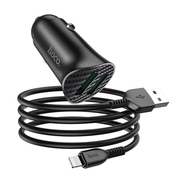 HOCO Z39 autós töltő 2 USB aljzat (18W, gyorstöltő 3.0 + lightning kábel) FEKETE