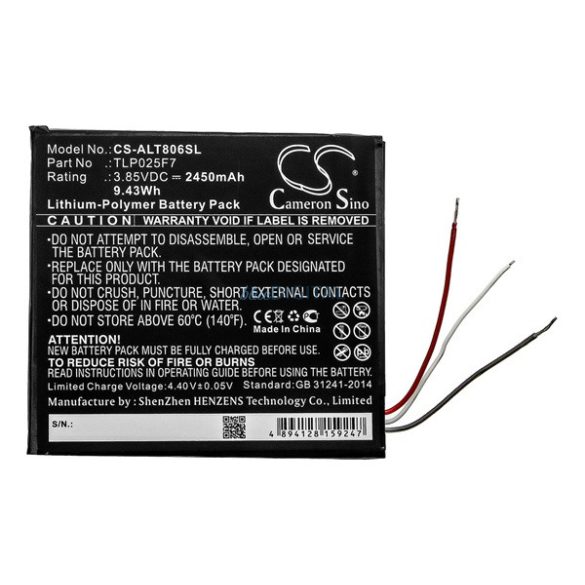 CAMERON SINO Li-Polymer akku (3.85V/2450mAh, Alcatel TLP025F7 kompatibilis) FEKETE Alcatel 1T 7 WIFI (OT-8068)