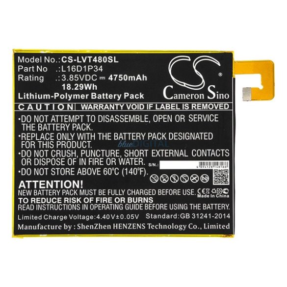 CAMERON SINO Li-Polymer akku (3.85V/4750mAh, Lenovo L16D1P34 kompatibilis) FEKETE Lenovo Tab 4 8 Plus (TB-8704F), Tab 4 8 (TB-8504F)