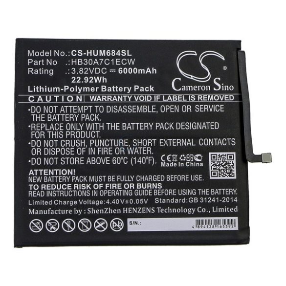 CAMERON SINO Li-Polymer akku (3.82V/6000mAh, Huawei HB30A7C1ECW kompatibilis) FEKETE Huawei MediaPad M6 8.4 LTE, Huawei MediaPad M6 8.4 WIFI