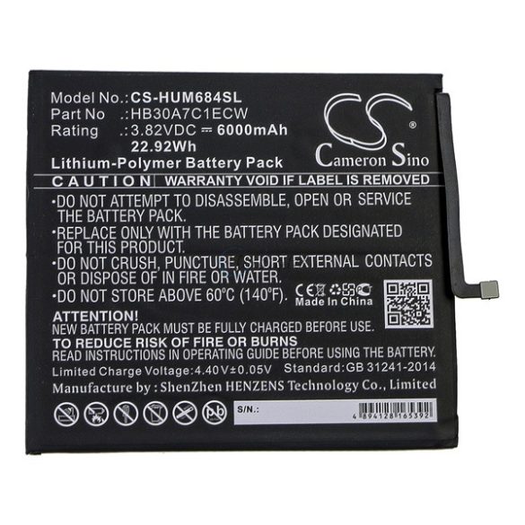 CAMERON SINO Li-Polymer akku (3,82V / 6000mAh, Huawei HB30A7C1ECW kompatibilis) FEKETE Huawei MediaPad M6 8.4 WIFI, Huawei MediaPad M6 8.4 LTE