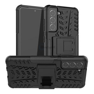 Defender műanyag telefonvédő (közepesen ütésálló, szilikon belső, kitámasztó, autógumi minta) FEKETE Samsung Galaxy S21 FE (SM-G990)