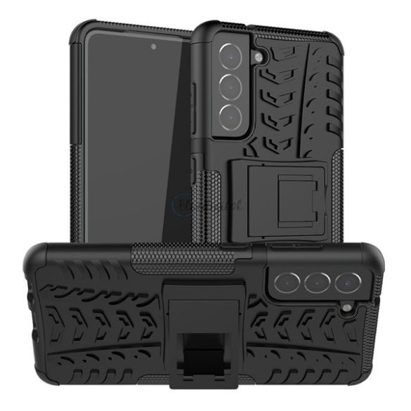 Defender műanyag telefonvédő (közepesen ütésálló, szilikon belső, kitámasztó, autógumi minta) FEKETE Samsung Galaxy S21 FE (SM-G990)