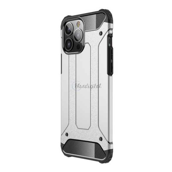 Defender műanyag telefonvédő (közepesen ütésálló, légpárnás sarok, szilikon belső, fémhatás) EZÜST Apple iPhone 13 Pro Max