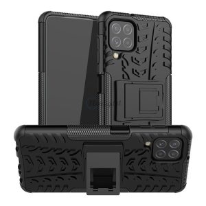 Defender műanyag telefonvédő (közepesen ütésálló, szilikon belső, kitámasztó, autógumi minta) FEKETE Samsung Galaxy A22 4G (SM-A225), Samsung Galaxy M22 (SM-M225F)