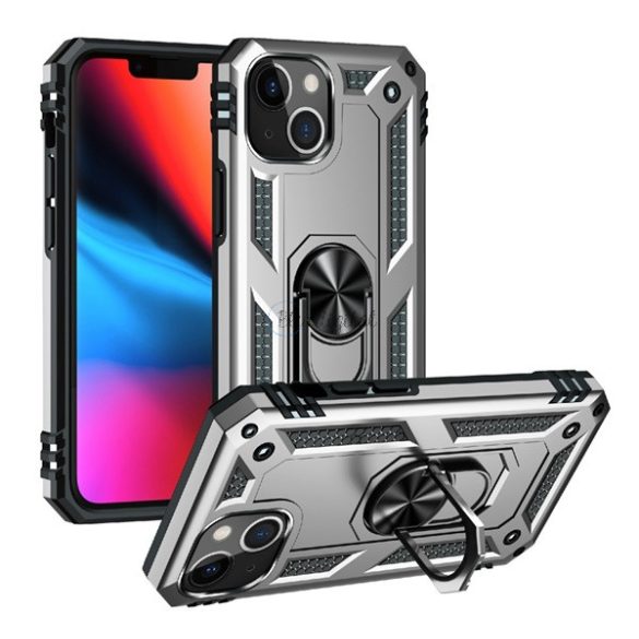 Defender műanyag telefonvédő (közepesen ütésálló, szilikon belső, telefontartó gyűrű, beépített fémlemez) EZÜST Apple iPhone 13 mini