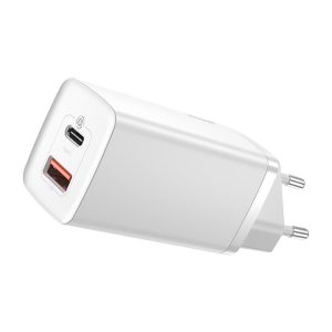 BASEUS hálózati töltő USB+Type-C aljzat (65W, GaN2, PD gyorstöltő 3.0) FEHÉR