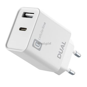 CELLULARLINE hálózati töltő USB+Type-C aljzat (20W, PD gyorstöltő) FEHÉR