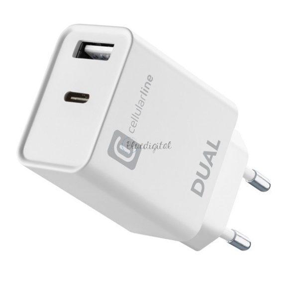 CELLULARLINE hálózati töltő USB+Type-C aljzat (20W, PD gyorstöltő) FEHÉR