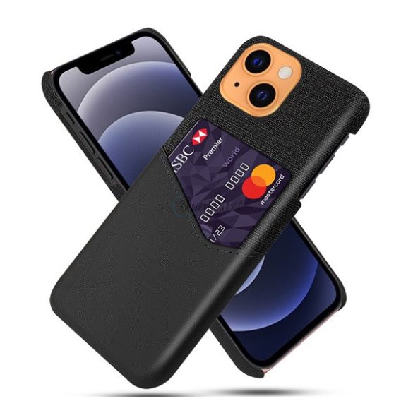 Műanyag telefonvédő (közepesen ütésálló, bankkártya tartó, textil bevonat, bőr hatású hátlap) FEKETE Apple iPhone 13 mini