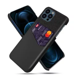   Műanyag telefonvédő (közepesen ütésálló, bankkártya tartó, textil bevonat, bőr hatású hátlap) FEKETE Apple iPhone 13 Pro Max