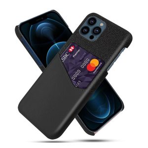 Műanyag telefonvédő (közepesen ütésálló, bankkártya tartó, textil bevonat, bőr hatású hátlap) FEKETE Apple iPhone 13 Pro