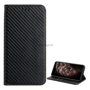 Tok álló, bőr hatású (FLIP, oldalra nyíló, asztali tartó funkció, karbon minta) FEKETE Samsung Galaxy A12 (SM-A125F / SM-A127F)