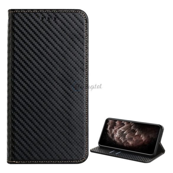 Tok álló, bőr hatású (FLIP, oldalra nyíló, asztali tartó funkció, karbon minta) FEKETE Samsung Galaxy A12 (SM-A125F / SM-A127F)