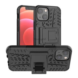 Defender műanyag telefonvédő (közepesen ütésálló, szilikon belső, kitámasztó, autógumi minta) FEKETE Apple iPhone 13 mini