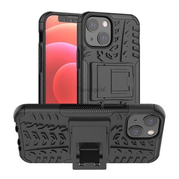 Defender műanyag telefonvédő (közepesen ütésálló, szilikon belső, kitámasztó, autógumi minta) FEKETE Apple iPhone 13 mini