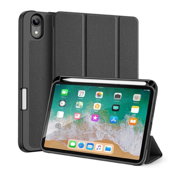 DUX DUCIS DOMO tok álló, bőr hatású (aktív, oldalra nyíló, TRIFOLD, asztali tartó, ceruza tartó, textil minta) FEKETE Apple IPAD mini 6 (2021)